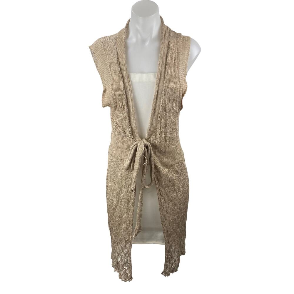 Cupio Beige Linen Sleeveless Tie Front Pointelle Longline Sweater Cardigan Top L